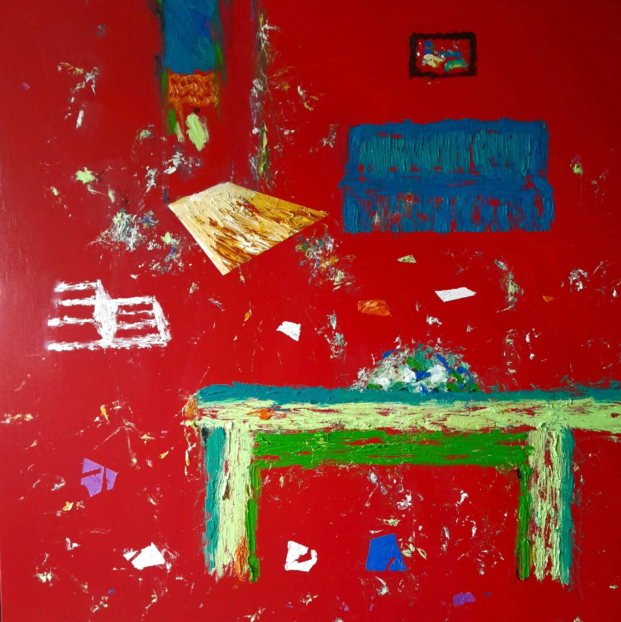 Neville Paine Artist France - Rooms Red Room - Salle Rouge - Apres le fete 100 x100 Acrylic and Oil on Canvas b